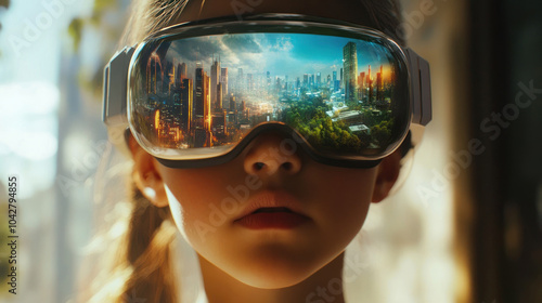 Girl explores future through goggles, sees bright city photo