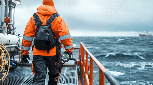 Offshore technician in safety gear navigating rough seas with handheld radio for communication and safety