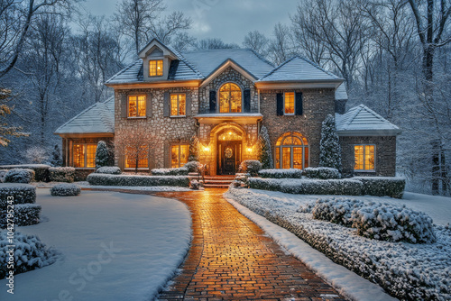 Beautiful home with brick pathway covered in snow during snowfall. House in suburban neighborhood at winter season
