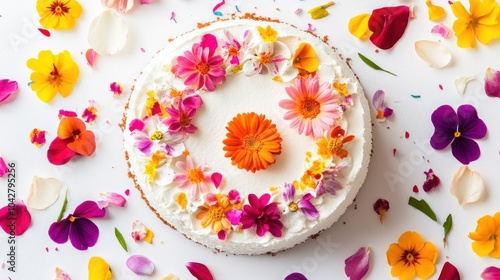 A beautifully decorated cake topped with colorful edible flowers, surrounded by petals.