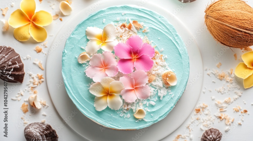 A beautifully decorated cake with blue frosting and tropical flowers, ideal for celebrations.