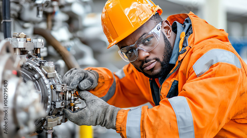 Dedicated offshore worker engaged in tightening bolts on industrial machinery in a dynamic work environment