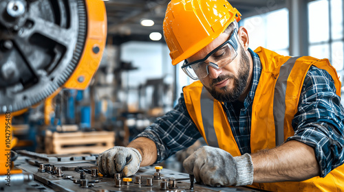 Focused offshore worker tightening machinery bolts in industrial setting showcasing skilled labor and safety practices