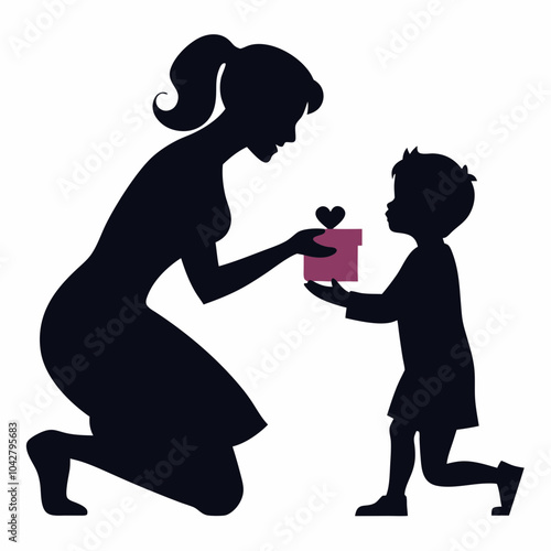 Mother and Child Gift Exchange Silhouette: Heartwarming Moments of Love and Care. Christmas Gift Box