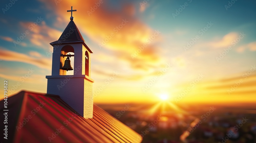 Bell Tower at Sunset in a Peaceful Village Bell Tower at Sunset in a Peaceful Village