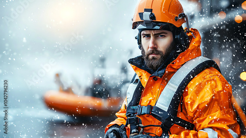 Expert technician overseeing lifeboat release procedures on offshore platform during challenging weather conditions