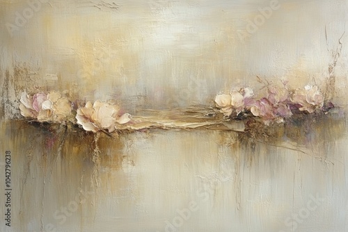 Fototapeta Naklejka Na Ścianę i Meble -  Abstract painting featuring delicate, pale flowers in shades of cream and pink against a textured, beige background.