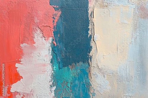 Abstract art with textured brushstrokes in coral, teal, and cream. photo