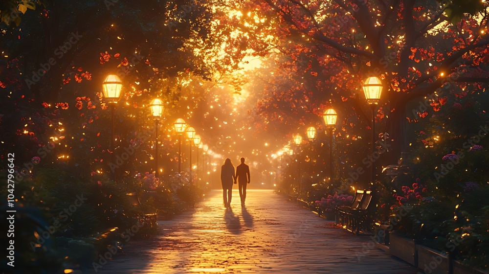 A couple walks hand-in-hand down a path lined with streetlights, glowing with warm light and surrounded by trees at sunset. A couple walks hand-in-hand down a path lined with streetlights, glowing with warm light and surrounded by trees at sunset.