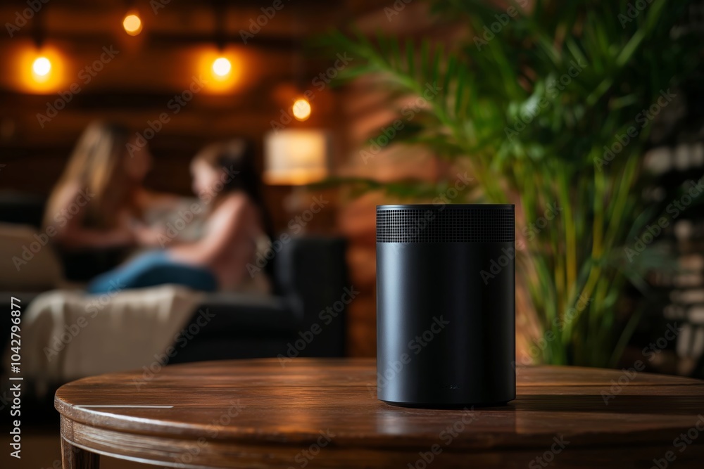 Smart speaker on a wooden table with defocused people in a cozy living room, showcasing modern technology and comfortable home environment. Smart speaker on a wooden table with defocused people in a cozy living room, showcasing modern technology and comfortable home environment.