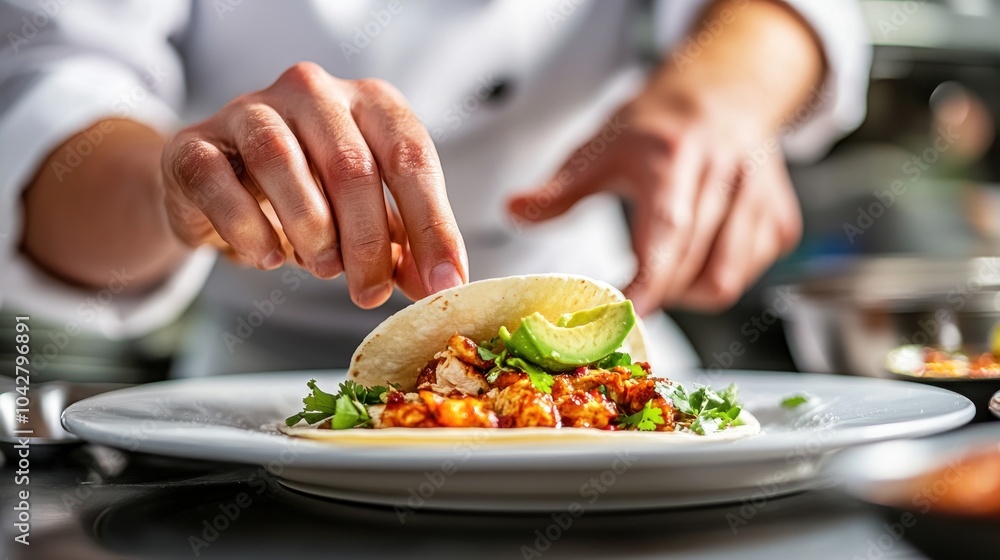 A chef skillfully garnishing a taco with fresh ingredients on a plate. A chef skillfully garnishing a taco with fresh ingredients on a plate.