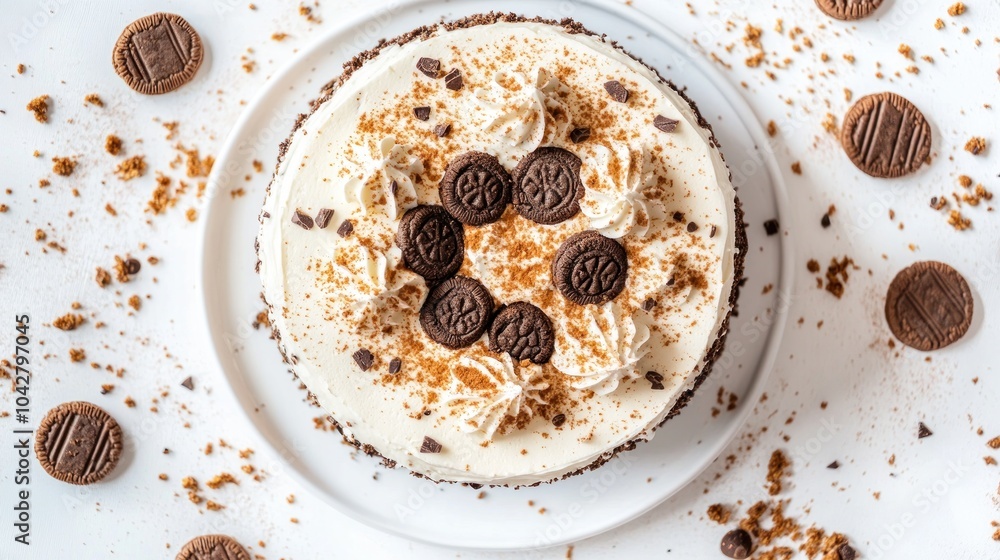 A delicious dessert featuring a creamy cake topped with chocolate and cookie decorations. A delicious dessert featuring a creamy cake topped with chocolate and cookie decorations.