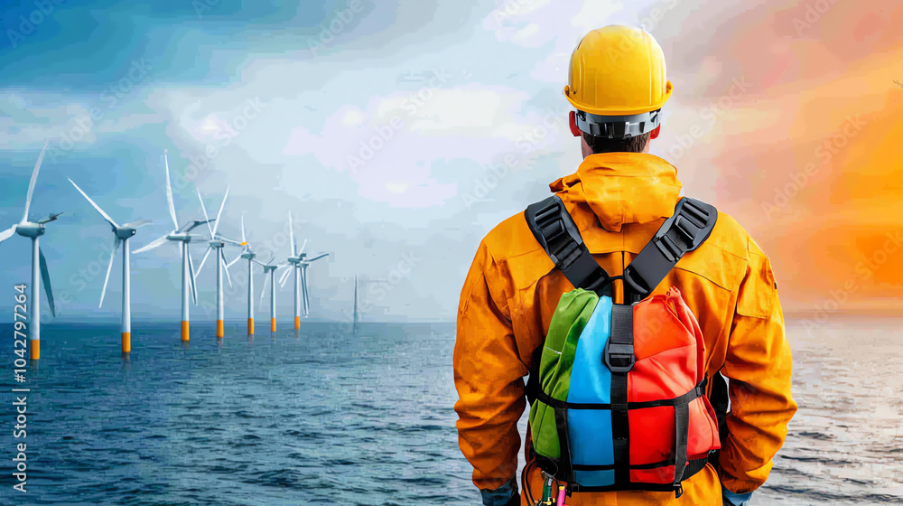 Worker conducting visual inspection of wind turbines during sunset over water ensuring renewable energy safety and sustainability Worker conducting visual inspection of wind turbines during sunset over water ensuring renewable energy safety and sustainability