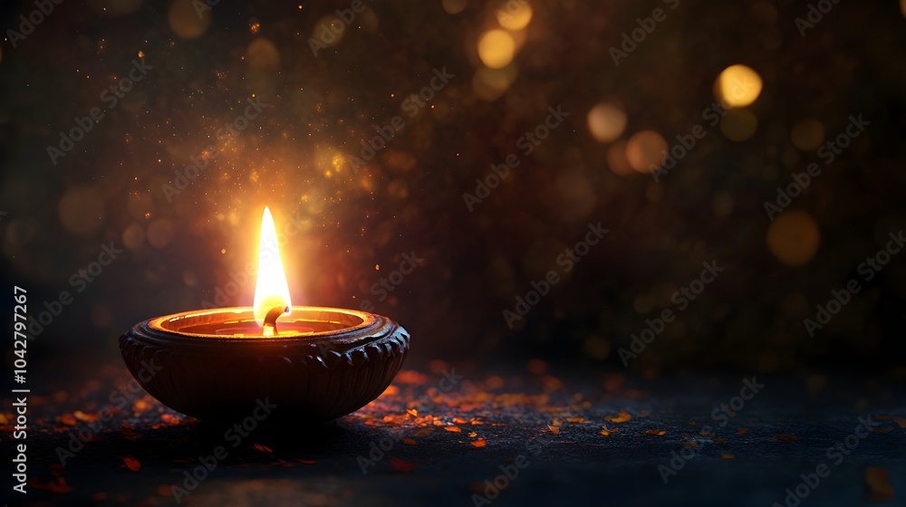 Glowing Indian Diya Oil Lamp Against Serene Dark Background with Copy Space Glowing Indian Diya Oil Lamp Against Serene Dark Background with Copy Space
