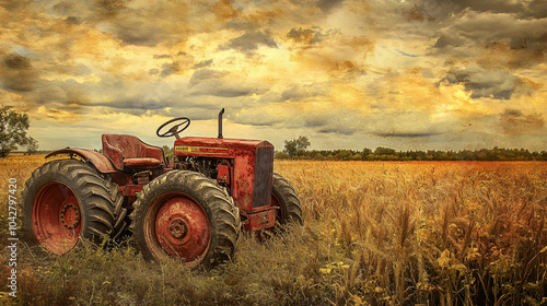 A charming image of a vintage tractor parked in a golden field, surrounded by the beauty of harvest time.