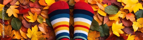  Feet in festive Thanksgiving socks, autumn leaves scattered, National Sock Day theme. photo