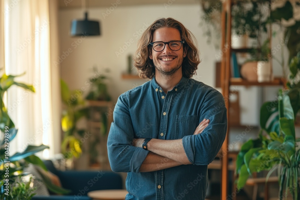 Fototapeta premium Smiling Man in Cozy Indoor Plants Setting