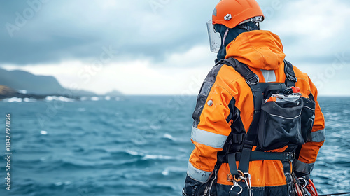 Wallpaper Mural Dedicated worker on offshore platform installing cables amidst challenging oceanic conditions Torontodigital.ca