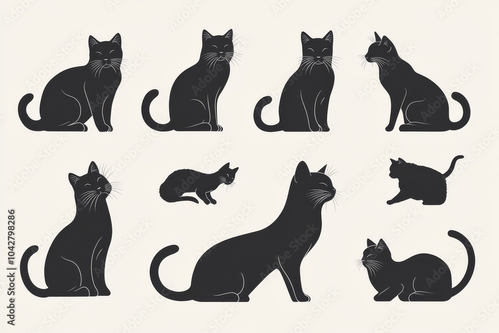 Set of 8 black cat silhouettes in different poses, perfect for pet-related designs or illustrations. Set of 8 black cat silhouettes in different poses, perfect for pet-related designs or illustrations.