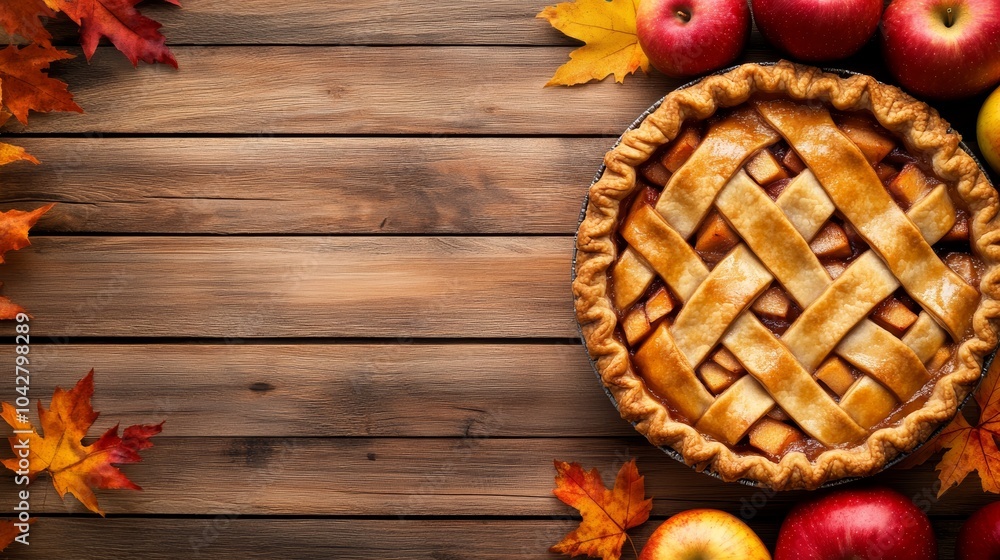 A rustic apple pie surrounded by fresh apples and autumn leaves on a wooden table, evoking a warm, seasonal ambiance. A rustic apple pie surrounded by fresh apples and autumn leaves on a wooden table, evoking a warm, seasonal ambiance.