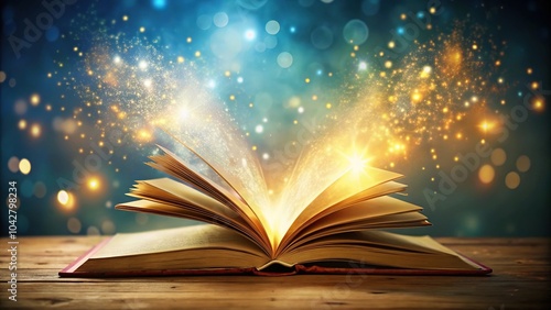 Enchanted book with glowing pages and light in background photo