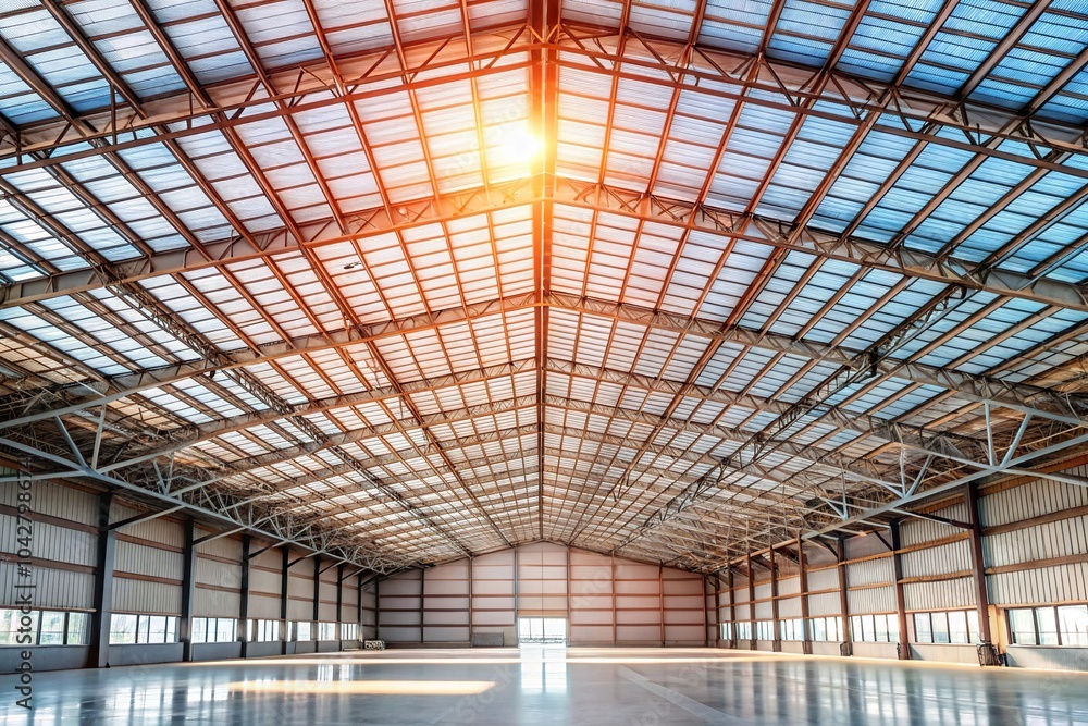 Obraz premium Interior view of a wide concrete roof letting in daylight through large windows