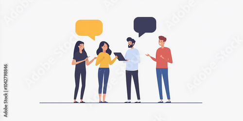Four cartoon characters engage in a group discussion with speech bubbles, representing teamwork, communication, and collaboration in a playful and colorful illustration