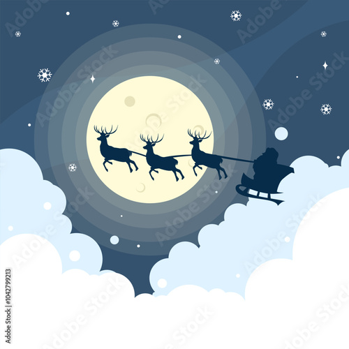 Santa claus with sleigh and reindeer silhouette on a big full moon in the night for Christmas and Happy New Year festival card