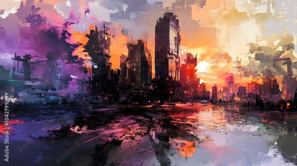 Fototapeta premium Surreal Digital Painting of a Futuristic Dystopian Cityscape with Influences