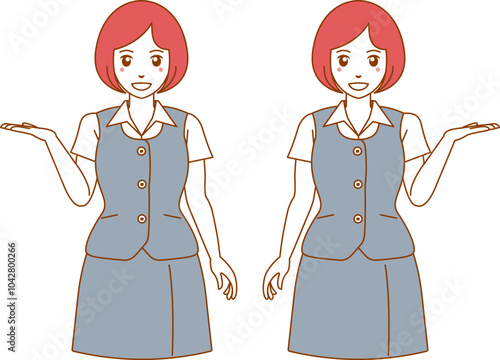 こちらと指し示す半袖の事務服の女性