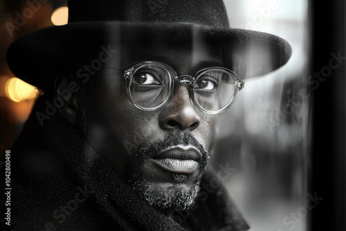 A Black Man Wearing a Hat and Glasses Gazes Through a Window photo