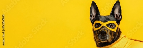 A dog wearing a superhero mask and cape, set against a bright yellow background.