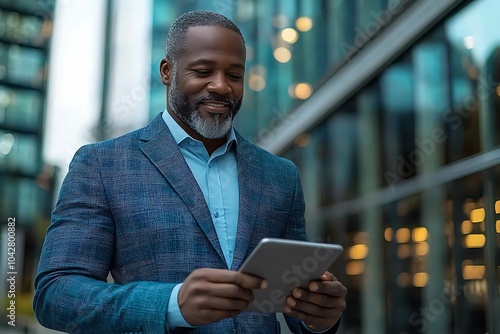 Portrait of confident businessman using digital tablet while standing outdoors.