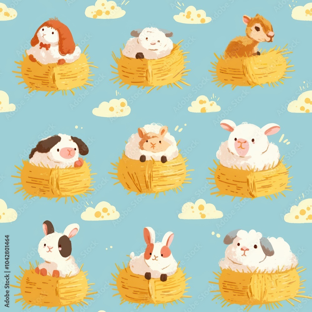 Fototapeta premium Cute Animals Sitting on Bales of Hay Pattern