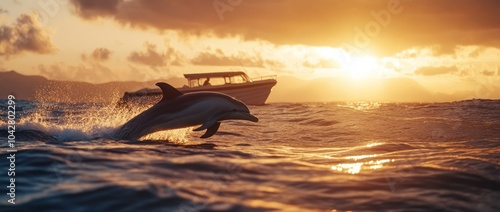 A dolphin leaps from the ocean near a boat during a vibrant sunset.