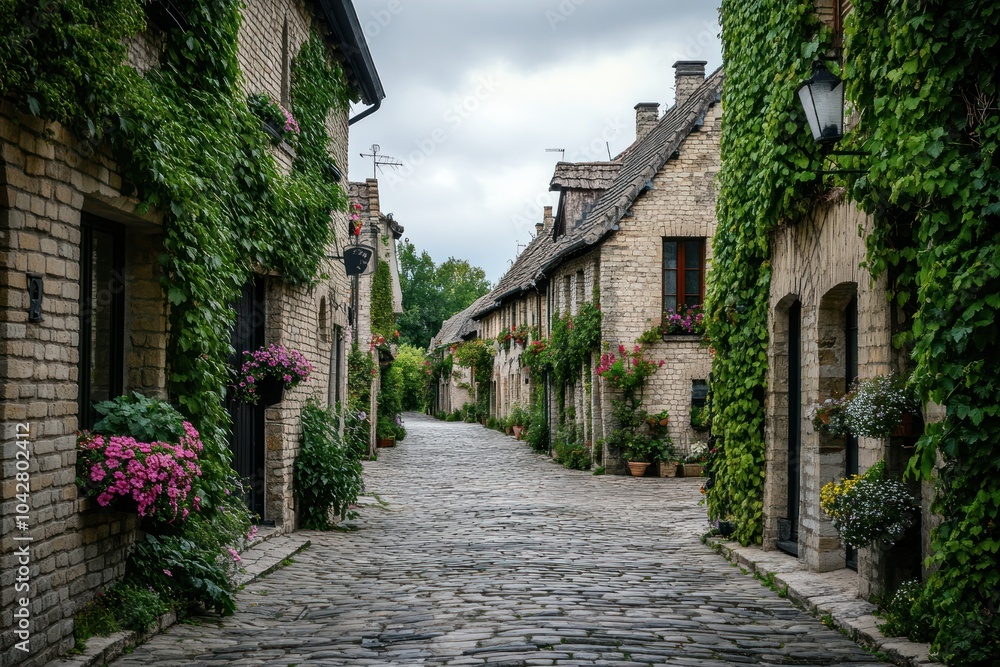 A picturesque cobblestone street lined with charming houses and vibrant flowers.