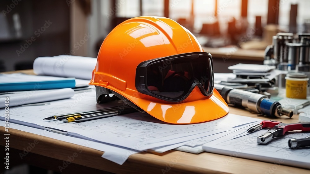 Fototapeta premium Safety First: Engineering Plans and Helmet on Organized Worktable