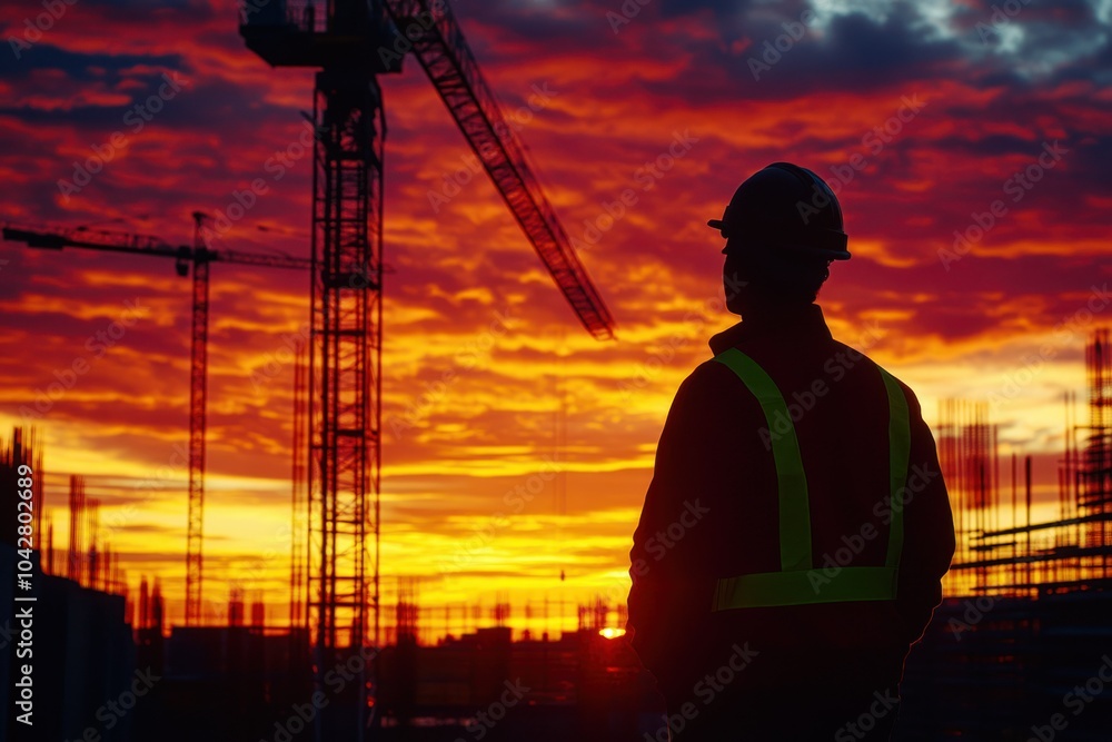 Sunset Over Construction Site with Worker Silhouette Sunset Over Construction Site with Worker Silhouette