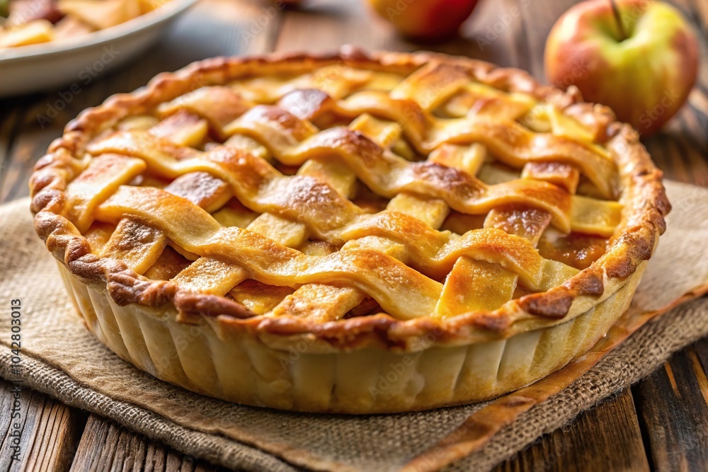 Inviting painting of golden crusted apple pie with juicy filling perfectly presented in macro Inviting painting of golden crusted apple pie with juicy filling perfectly presented in macro