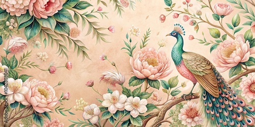 Invitation with detailed peacock and floral Chinoiserie design