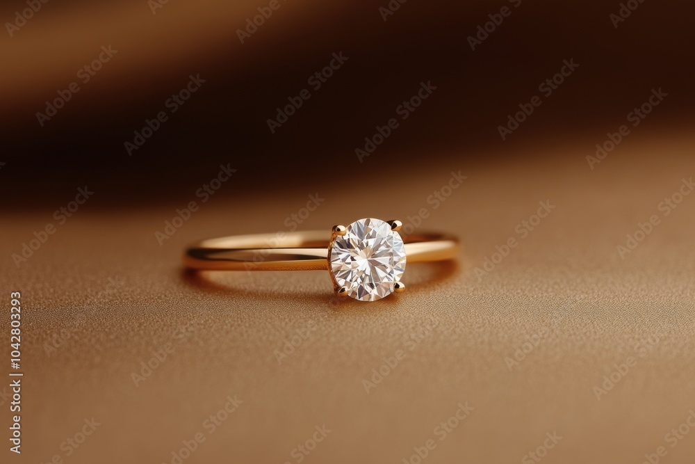 Golden engagement ring with sparkling diamond on brown background Golden engagement ring with sparkling diamond on brown background