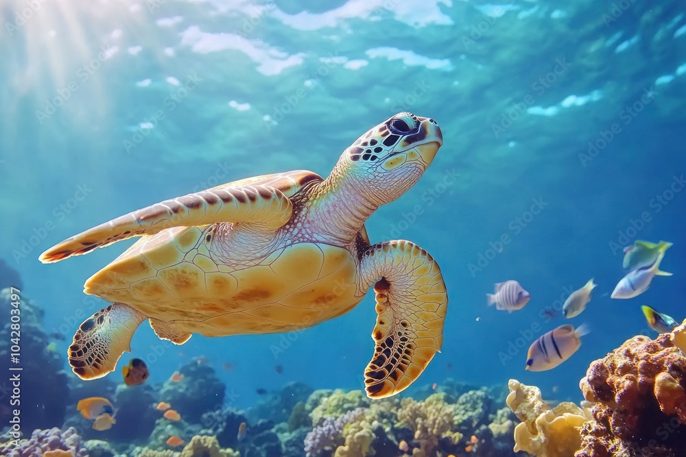 Fototapeta premium Graceful Sea Turtle Swimming in Vibrant Coral Reef