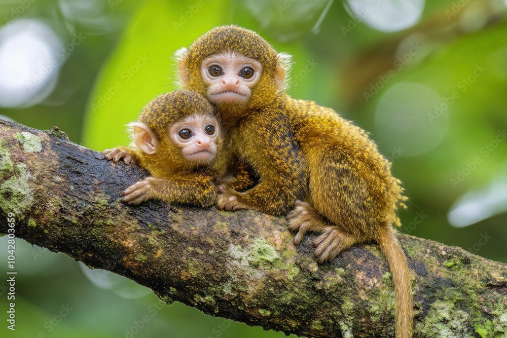 Obraz premium Two small monkeys sitting on a branch in a lush green environment.