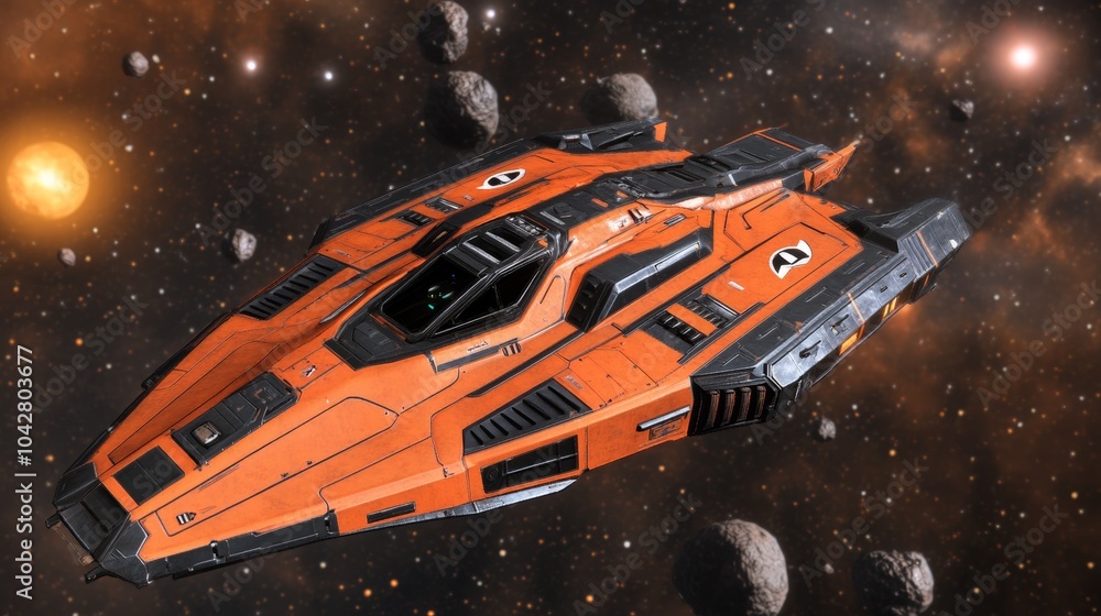 Futuristic Spaceship in Deep Space with Asteroids and Stars Futuristic Spaceship in Deep Space with Asteroids and Stars