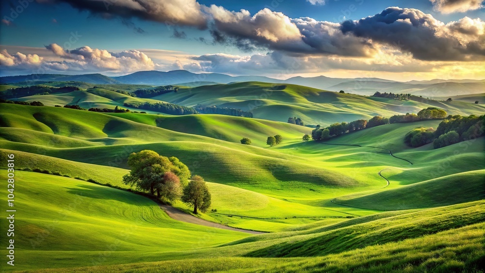 Obraz premium Expansive rolling hills with lush green grass in a serene landscape close-up