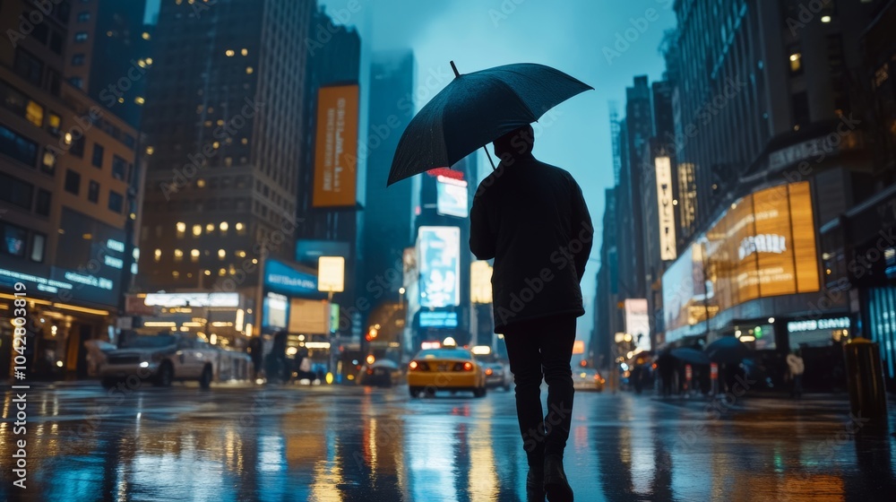Fototapeta premium Rainy Night in the City Silhouette of Person with Umbrella Walking Under Neon Signs