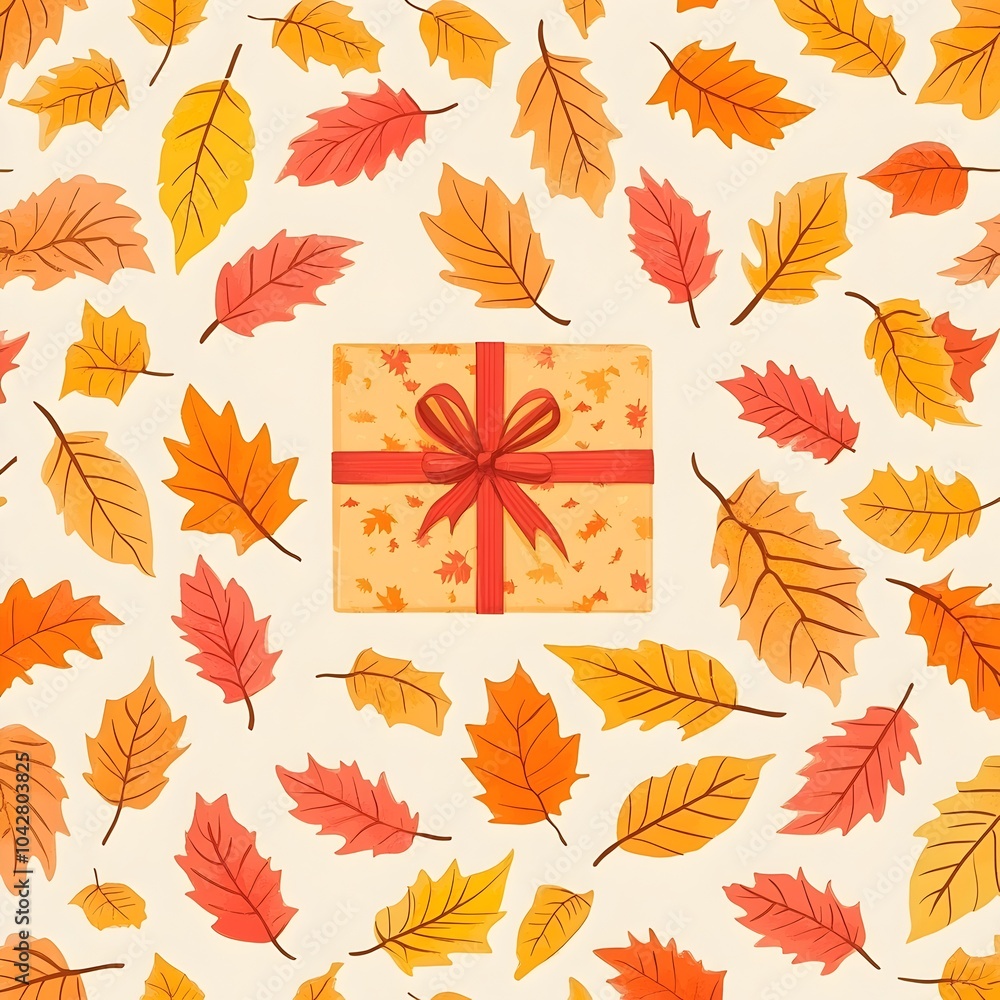 Obraz premium Vibrant Autumn Leaf Gift Wrap Pattern with Plain Background Suitable for Festive Thanksgiving and Holiday Greeting Card Designs