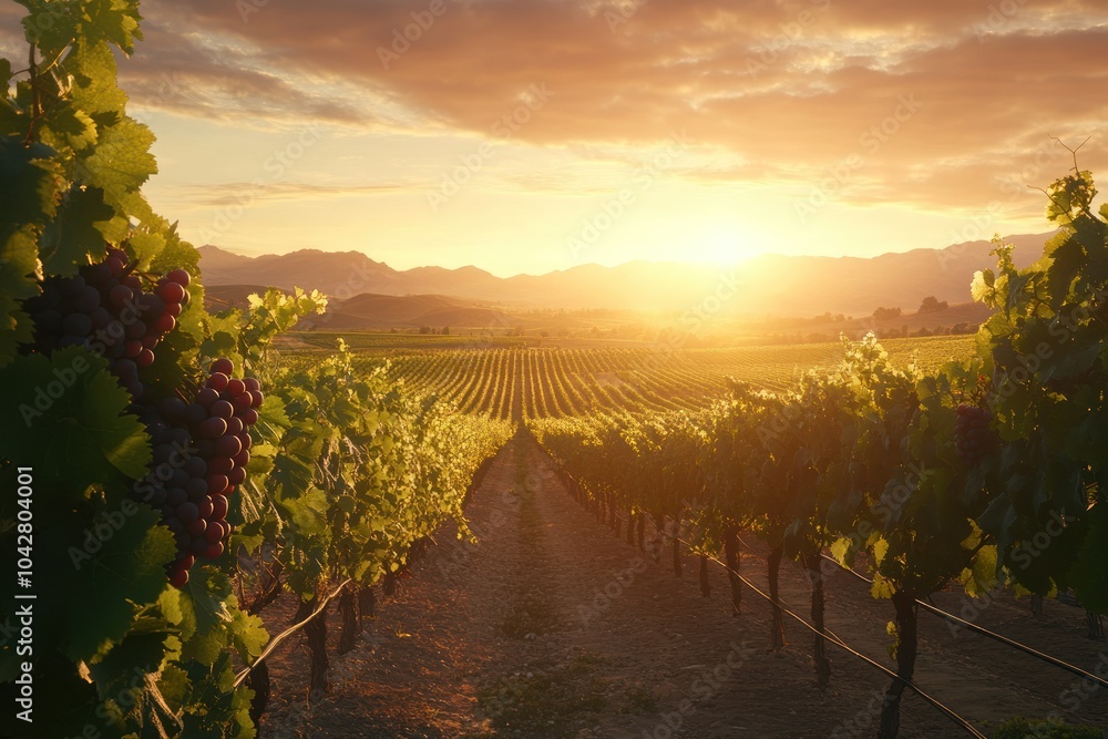 Naklejka premium Sunset Over Serene Vineyard Landscape