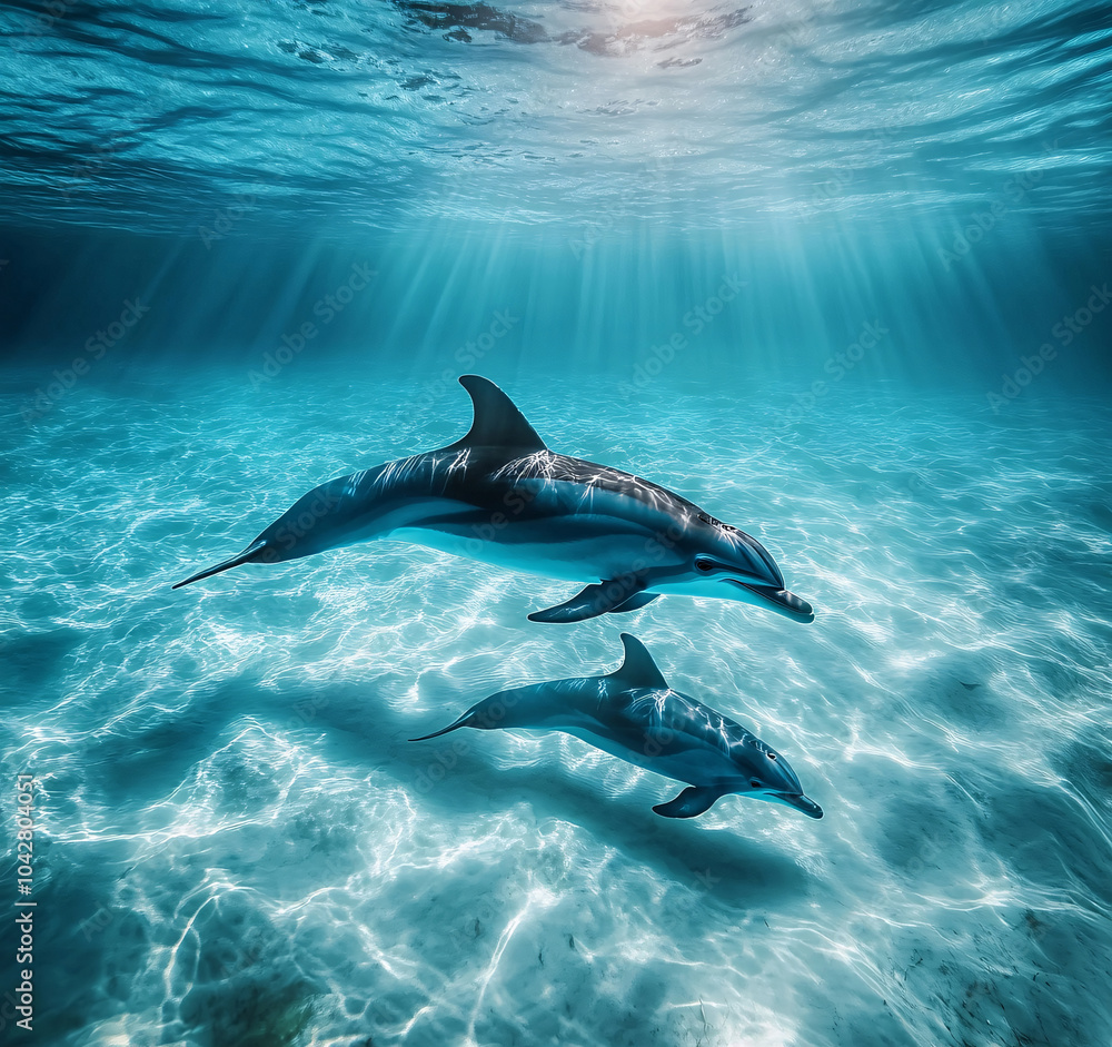 Naklejka premium Wild dolphins jumping in the waves of the open ocean, close up. 