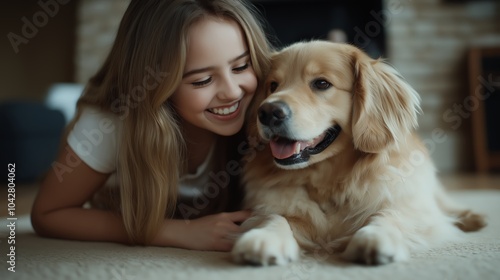 Smiling young woman lovingly cuddling her golden retriever on a cozy carpet in a warm, inviting home interior.